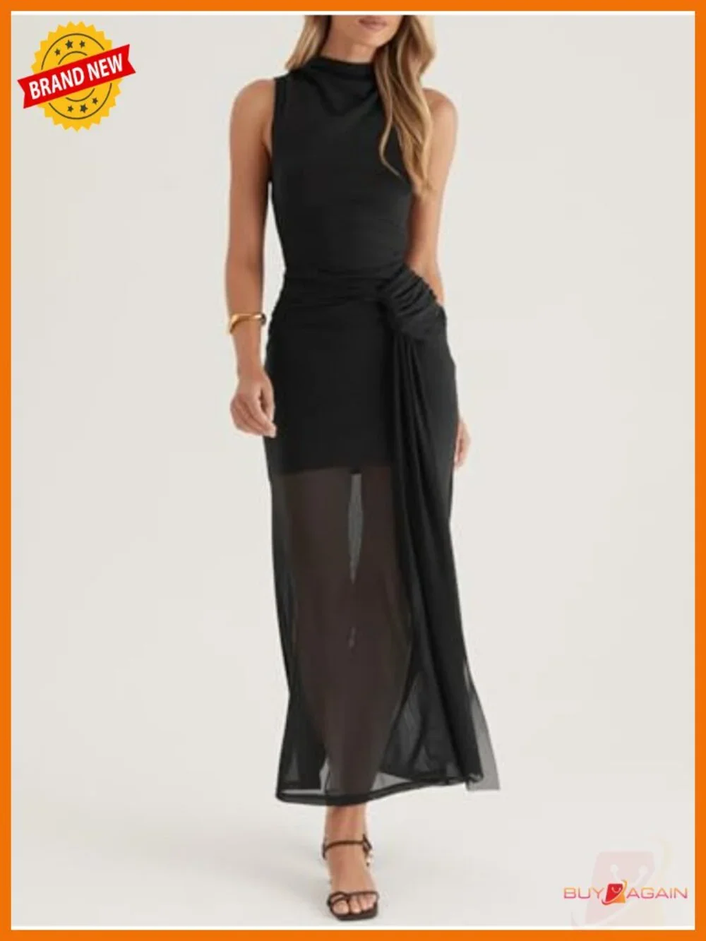 OWIN Women's Bodycon Maxi Dress Sleeveless Mock Neck Ruched Mesh Sheer Hem